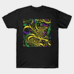 Psychedelic Art Nouveau Alphonse Mucha Yellow on Black Floral Graphic Print T-Shirt